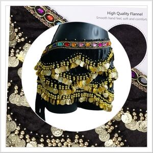 Black and Gold Coins Belly Dance Hip with Colorful Gems